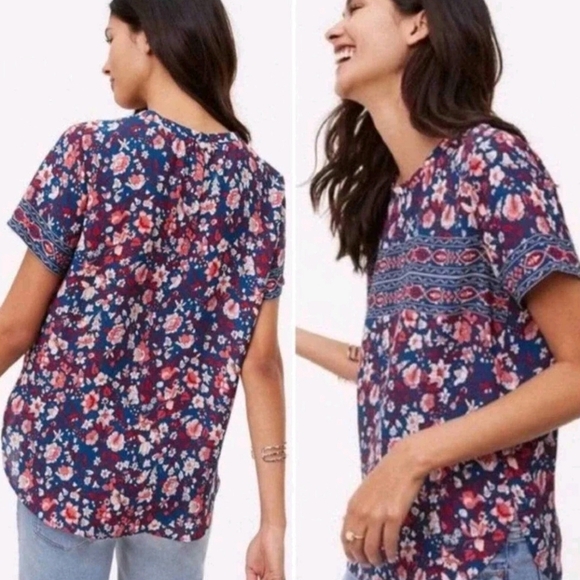 LOFT Blue and Pink Floral Blouse Size Large - Picture 1 of 11
